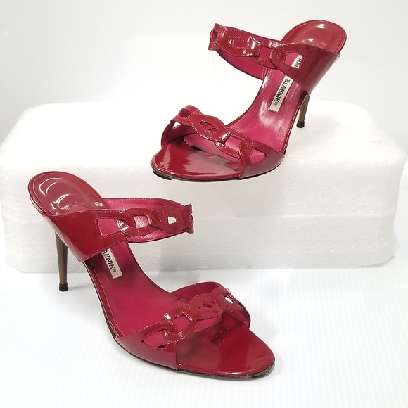 Manolo Blahnik patent Leather Red Stiletto Heels slippers Slides mules sandals - Picture 11 of 15